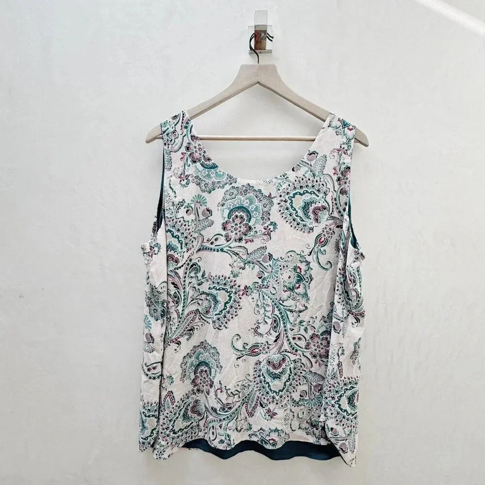 Chico's || Women's Sleeveless Pink & Teal Paisley V Neck Blouse Size 3 (XL) - Picture 2 of 6